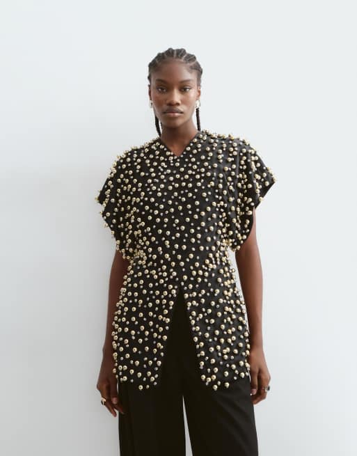 ARRANGE ball bearing embellished square hem t-shirt in black, 5 of 5