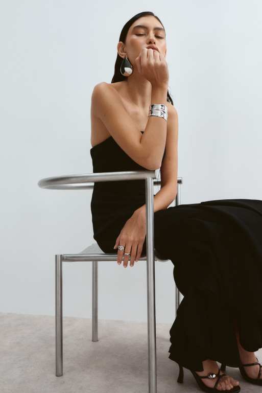 ARRANGE bandeau maxi dress with godet hem in black, 5 of 5