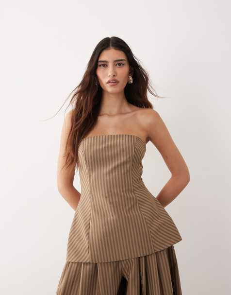 ARRANGE bandeau top in contrast chocolate stripe (part of a set) - view 1