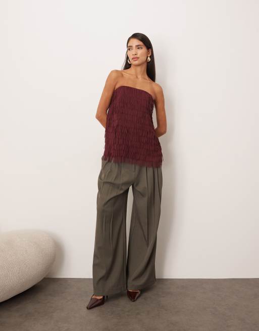 ARRANGE - Bandeau-top met franjetextuur en lange pasvorm in bordeauxrood, 3 van 4