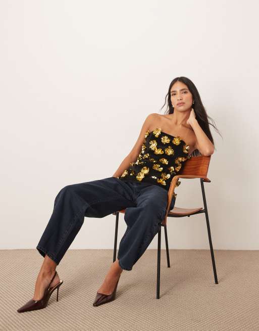 ARRANGE - Bandeau-top met lange pasvorm en 3D-bloemen in zwart, 3 van 4