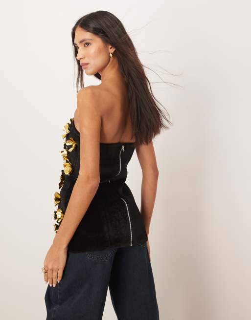 ARRANGE - Bandeau-top met lange pasvorm en 3D-bloemen in zwart, 4 van 4