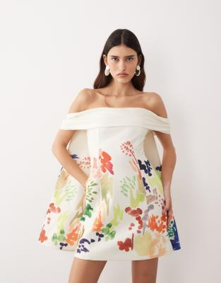Arrange Bardot Mini Dress With Cape Detail In Neutral