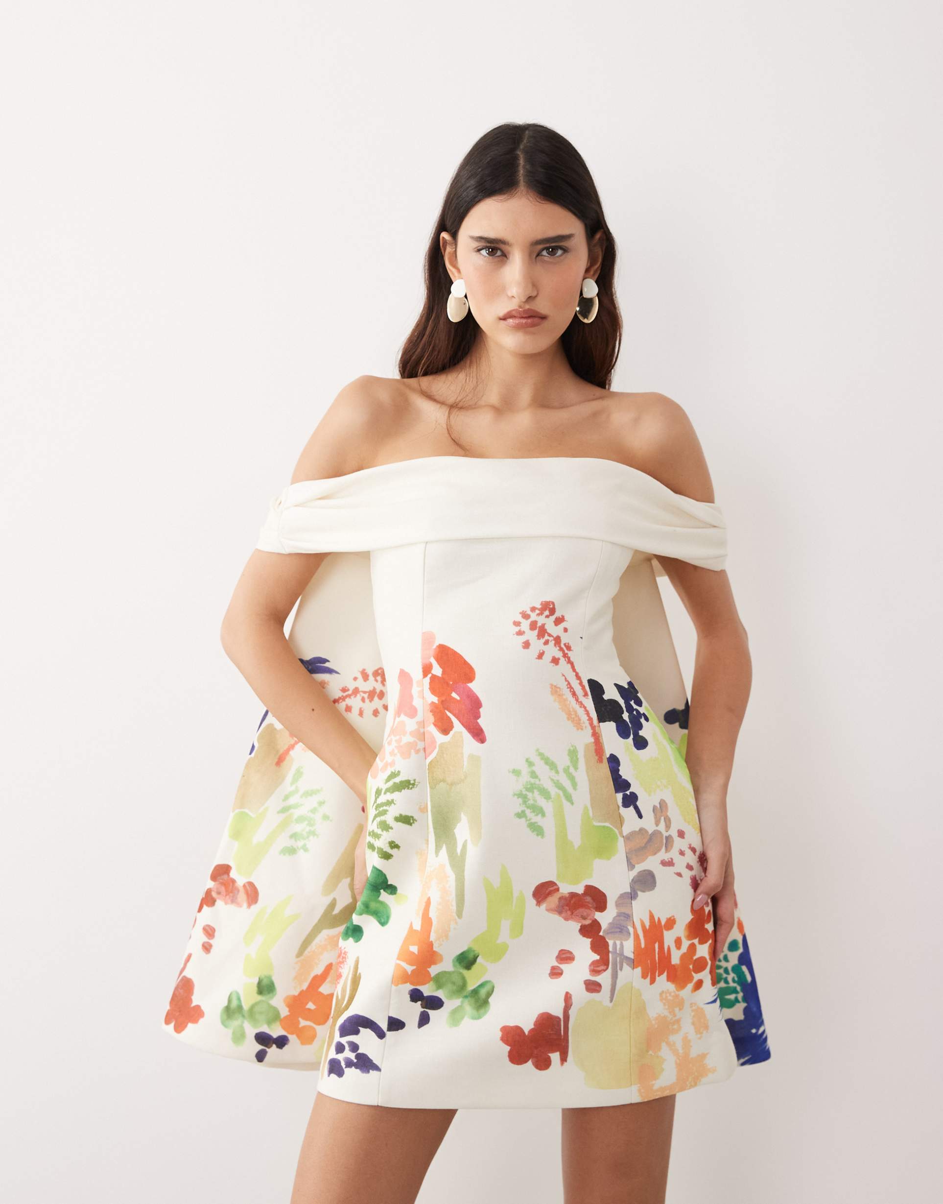 arrange bardot mini dress with cape detail in abstract painterly print