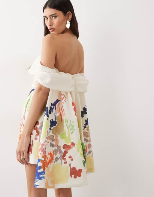 ARRANGE bardot mini dress with cape detail in abstract painterly print, 4 of 4
