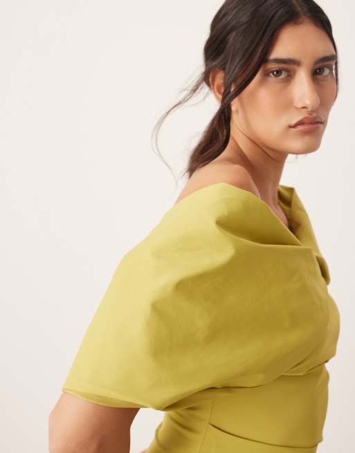 ARRANGE bardot pleat maxi dress with wrap detail in chartreuse