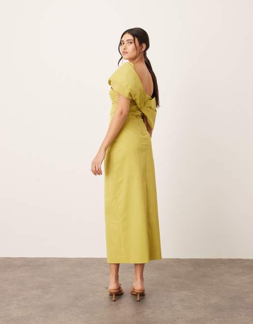 ARRANGE bardot pleat maxi dress with wrap detail in chartreuse