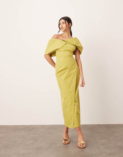 ARRANGE bardot pleat maxi dress with wrap detail in chartreuse