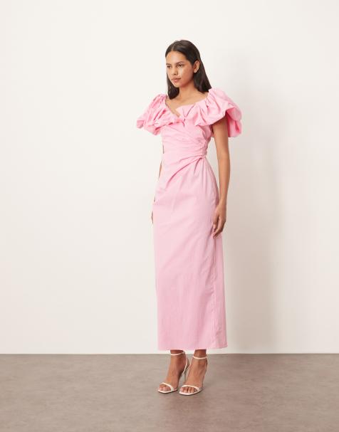 ARRANGE bardot ruched puff sleeve maxi dress in pink - view 1