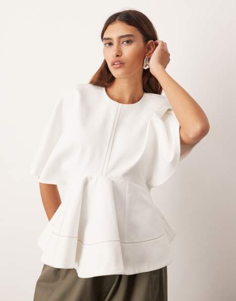 ARRANGE batwing twill peplum hem top in ecru - view 1