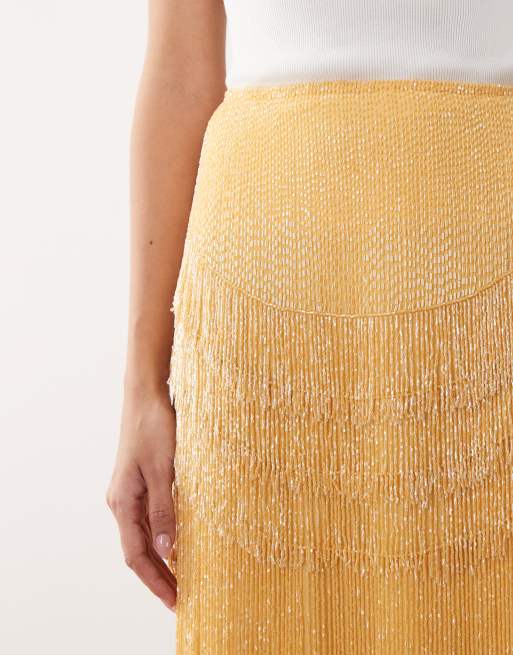 ARRANGE beaded fringe column midaxi skirt in yellow, 4 of 5