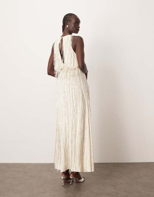 ARRANGE beaded fringe maxi dress with splits in Winter white | ASOS