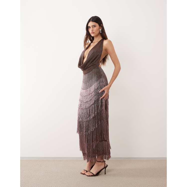 ARRANGE beaded fringe plunge cowl maxi dress in chocolate | ASOS
