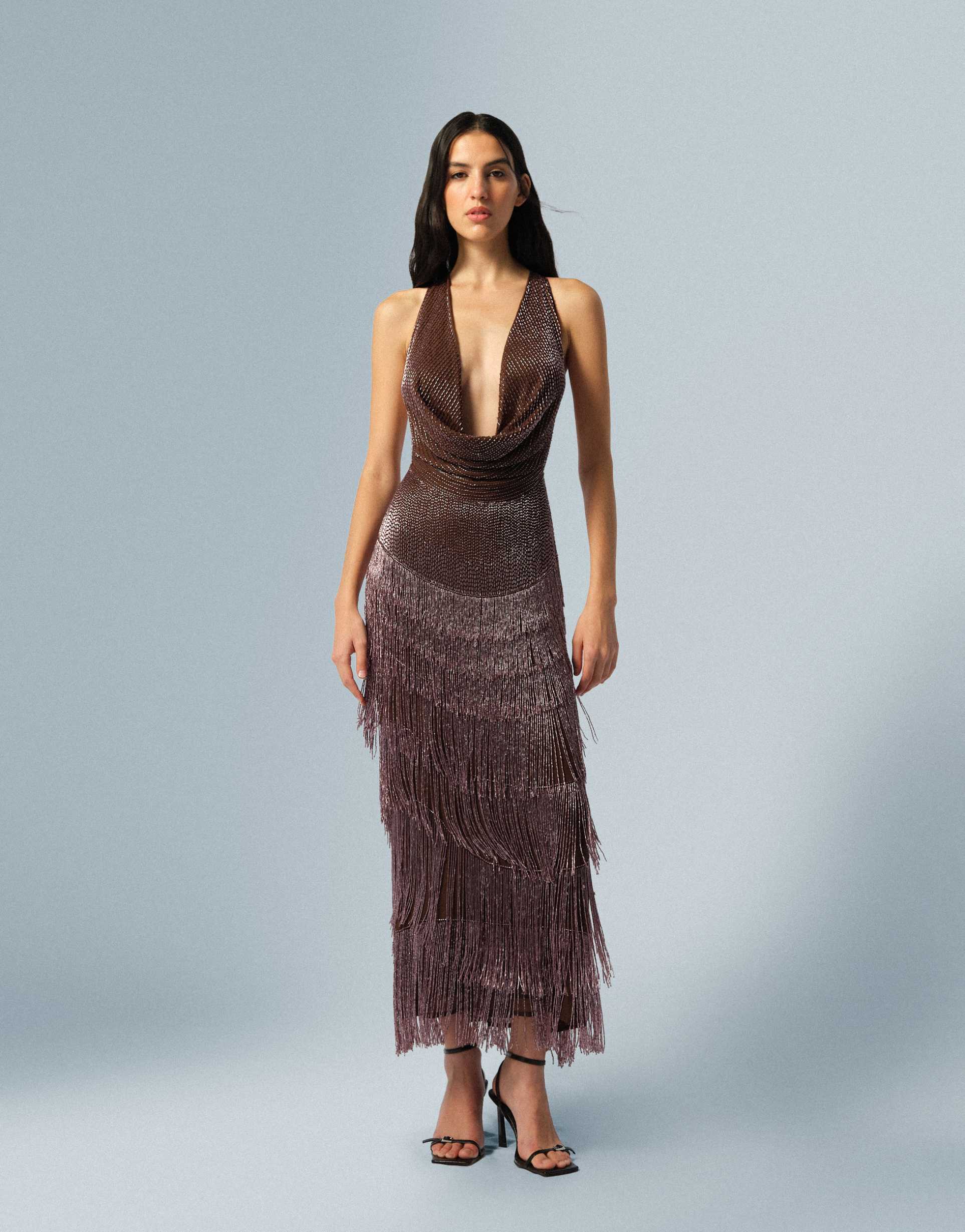 arrange beaded fringe plunge cowl maxi dress in chocolate