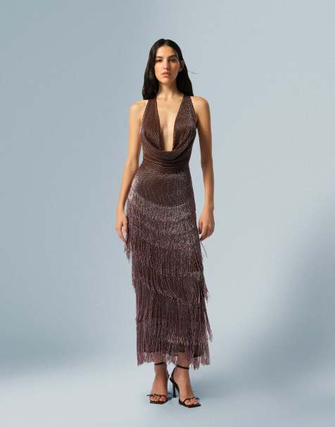 ARRANGE beaded fringe plunge cowl maxi dress in chocolate