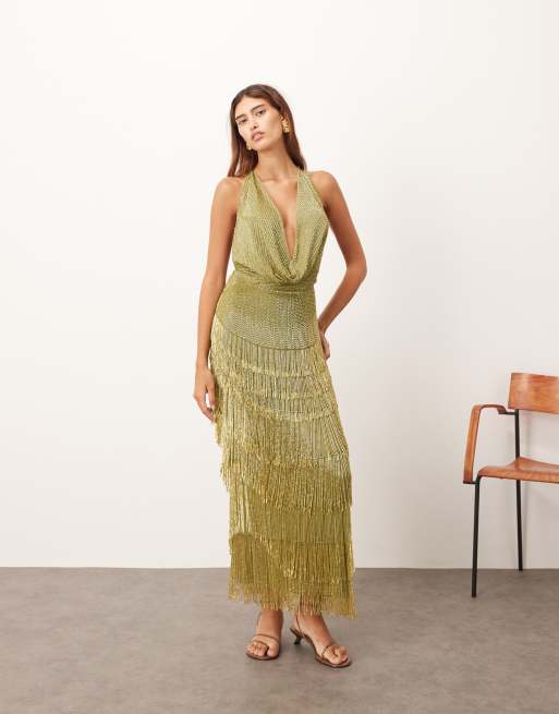 ARRANGE beaded fringe plunge cowl maxi dress in olive, 2 of 4