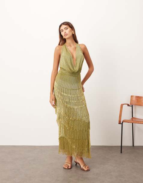 ARRANGE beaded fringe plunge cowl neck maxi dress in olive - view 1
