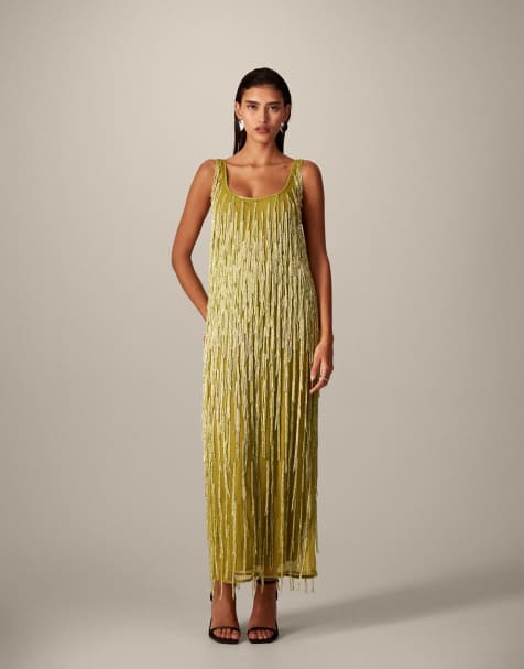 ARRANGE beaded fringe scoop neck midi dress in olive - view 1