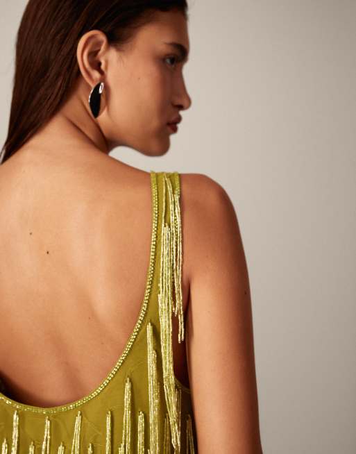 ARRANGE beaded fringe scoop neck midi dress in olive