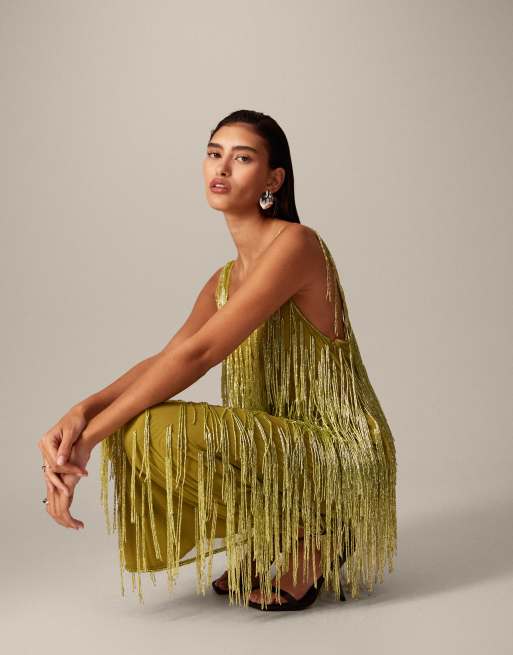 ARRANGE beaded fringe scoop neck midi dress in olive