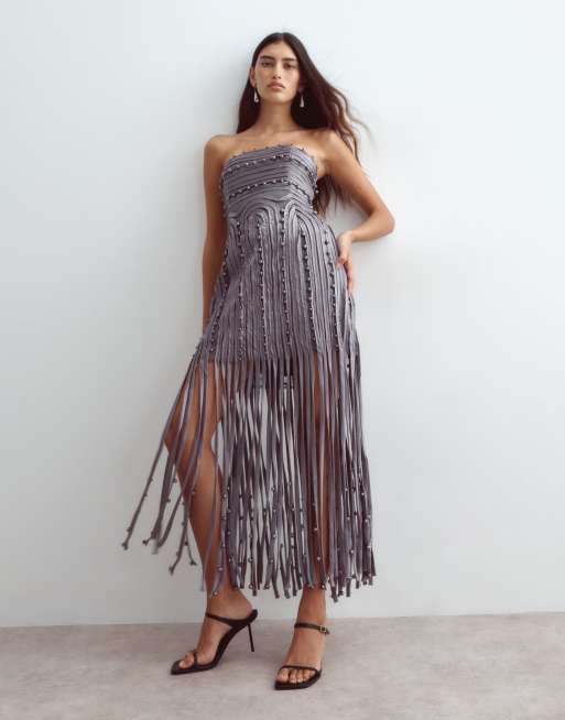 ARRANGE beaded linear fringe hem bandeau midi dress in charcoal, 2 of 5
