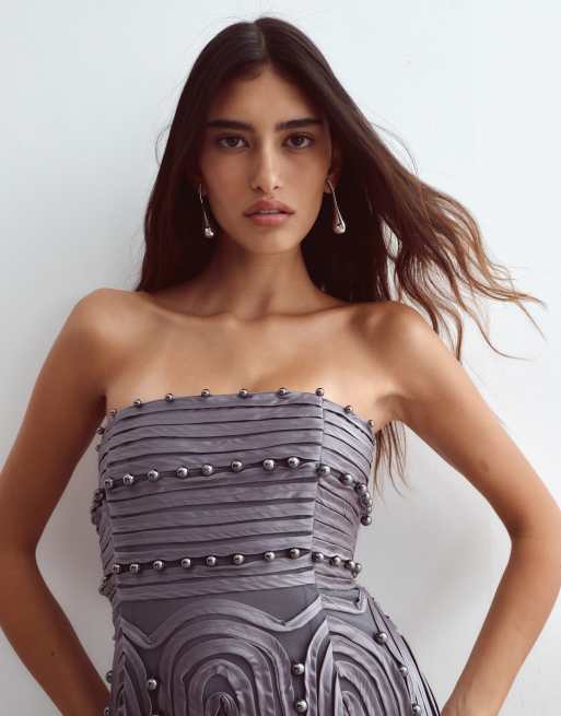 ARRANGE beaded linear fringe hem bandeau midi dress in charcoal, 3 of 5