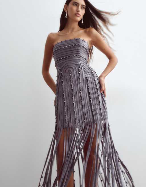 ARRANGE beaded linear fringe hem bandeau midi dress in charcoal, 5 of 5
