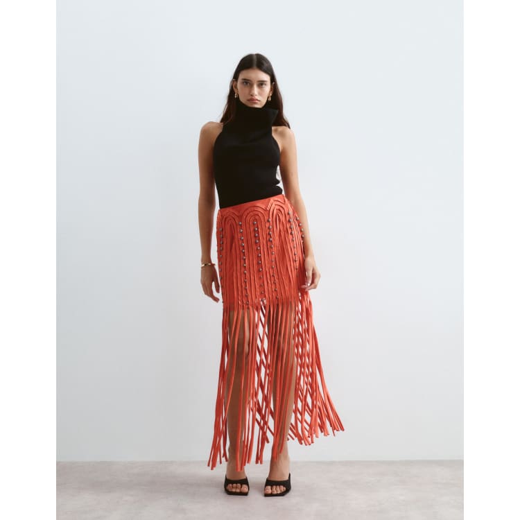 ARRANGE beaded linear fringe hem midi skirt in red | ASOS