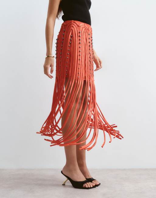 ARRANGE beaded linear fringe hem midi skirt in red, 2 of 5