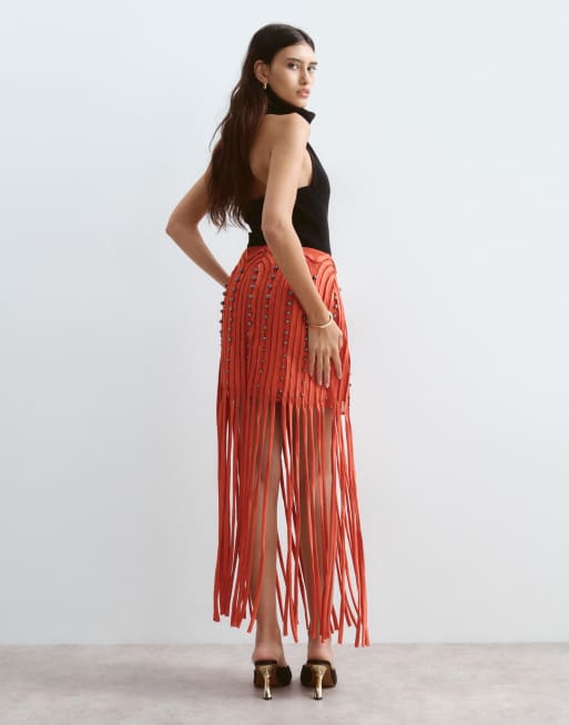 ARRANGE beaded linear fringe hem midi skirt in red, 3 of 5