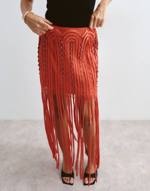 ARRANGE beaded linear fringe hem midi skirt in red, 4 of 5