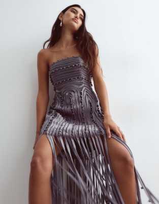 Arrange Beaded Linear Fringe Hem Strapless Midi Dress In Gray