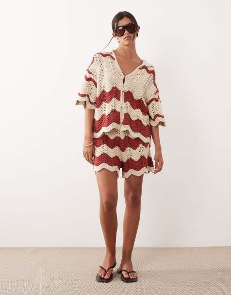 ARRANGE – Beige- och rostfärgat, virkat set med topp och shorts med ränder - view 1