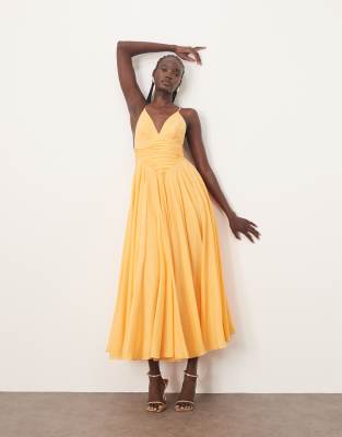 ARRANGE - Besonders weites Midikleid in gewaschenem Apricot mit rautenförmiger Taille-Orange