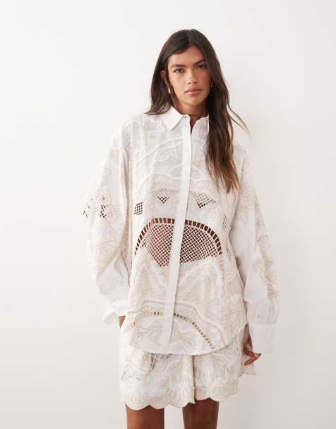 ARRANGE – Bestickte Oversize-Hemdbluse in Weiß mit Lochmuster, Kombiteil - view 1