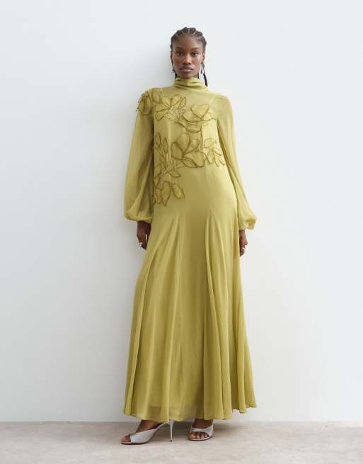 ARRANGE besticktes Maxikleid mit Blumenmuster, Bindekragen, Blousonärmeln und Trapezschnitt in Limettengrün, 5 von 5