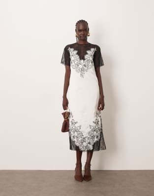 ARRANGE - Besticktes Midi-Säulenkleid aus Satin in Elfenbeinweiß mit Spitzenapplikation