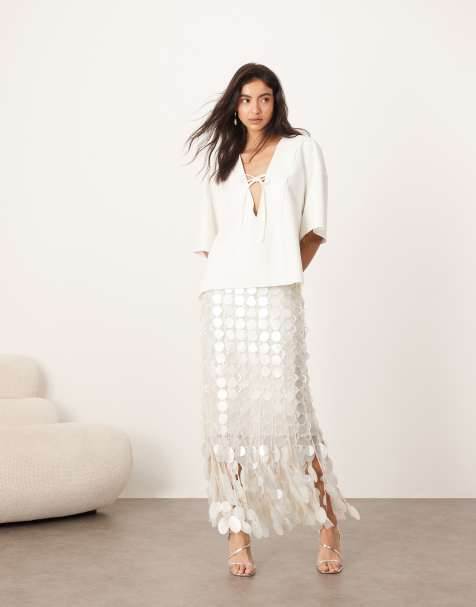 ARRANGE futurist sequin embellished fringe hem midi skirt in white