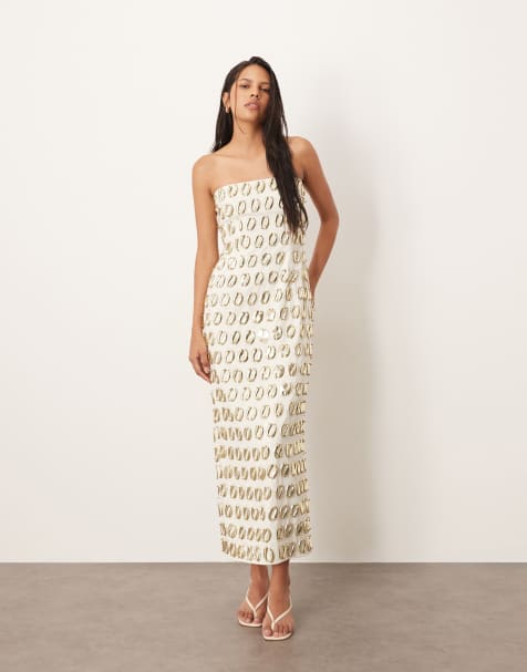 ARRANGE embellished 3D gold detail bandeau column midi dress in cream