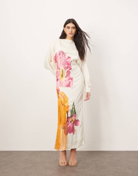 ARRANGE embroidered floral long sleeve open back maxi dress with fringe in white