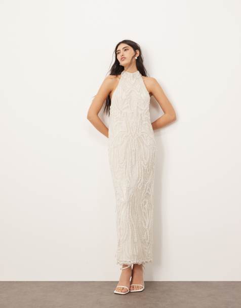 ARRANGE embellished pearl crystal halter column maxi dress in white