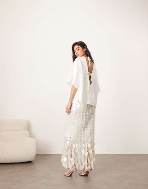 ARRANGE boxy seam top with tie back detail in white