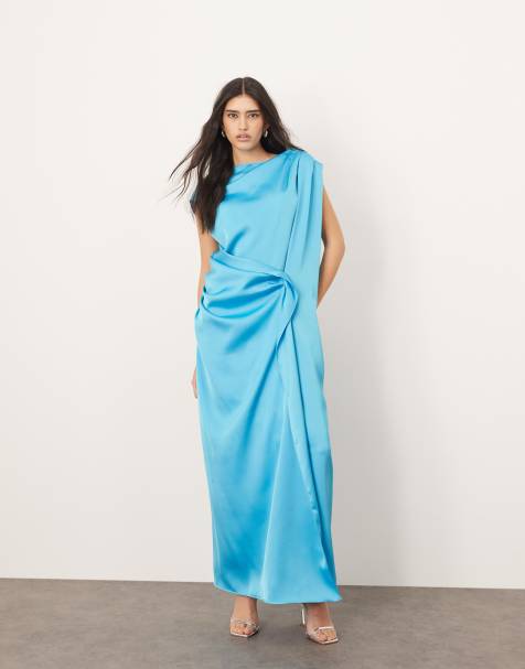 ARRANGE - Blå offshoulder-maxikjole med draperede sider i satin - view 1
