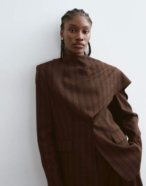 ARRANGE blazer coordonné à col foulard drapé à carreaux chocolat - view 1