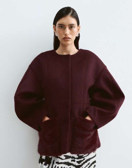 ARRANGE blazer senza colletto con tasca in pelliccia bordeaux, 4 di 5