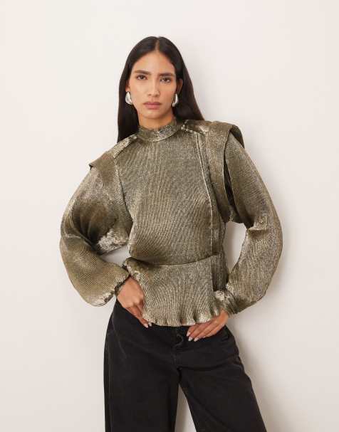 ARRANGE - Blouse plissée métallisée à épaulettes - Doré vieilli - view 1