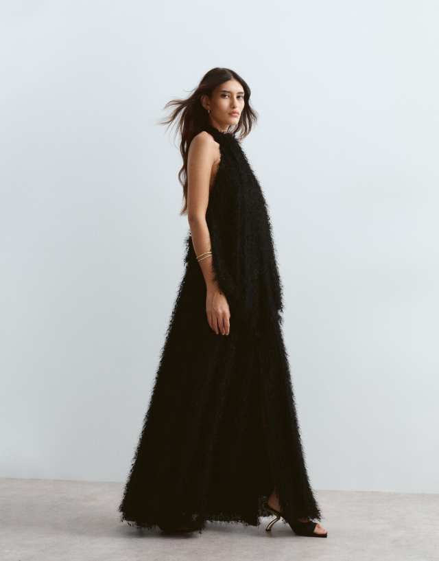 halter blouson dress ARRANGE maxi in in black all over texture Knee Length Dress