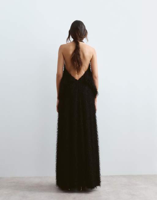 ARRANGE blouson halter maxi jurk met structuur in zwart, 3 van 4