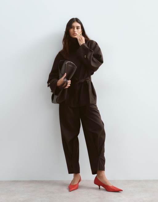 ARRANGE funnel neck belted jacket and Blyth tapered tailored trouser co-ord in chocolate, 3 of 3