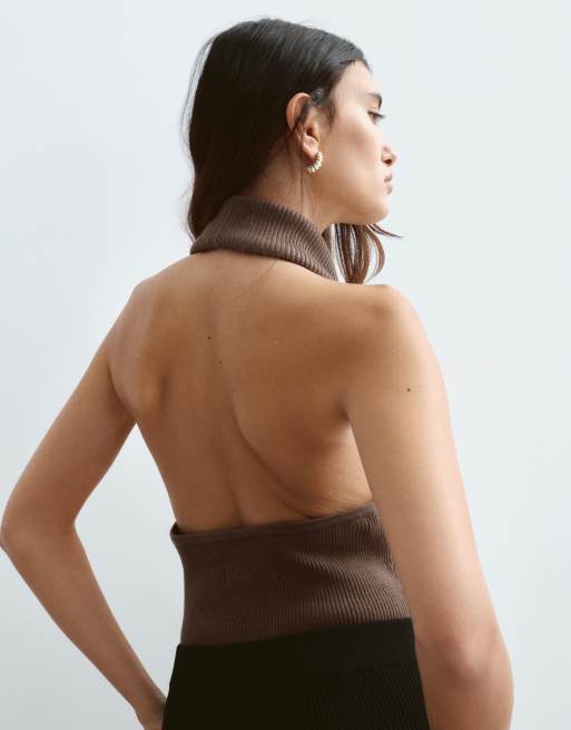 ARRANGE body met gedrapeerde hals en ribstructuur in mocha, 2 van 4